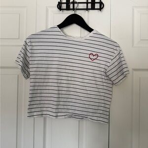 White and Black Striped Crop Top with Heart Embroidery